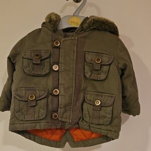 Olive Green Kids Jacket with Faux Fur Hood